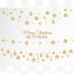 挂着的横幅图片_圣诞节金黄装饰查出在白色背景。