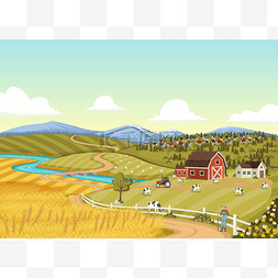 卡通农民在五彩斑斓的农场前面，
