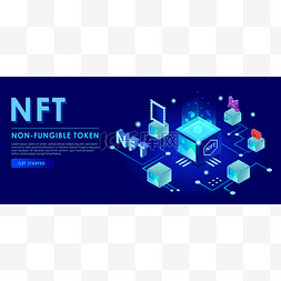 NFT不可替换的符号概念在深蓝色背