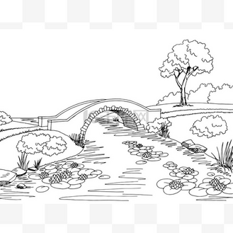 桥梁平面黑白色景观素描图矢量