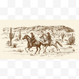 狂野的西部图片_美国狂野的西部沙漠与牛仔-手绘