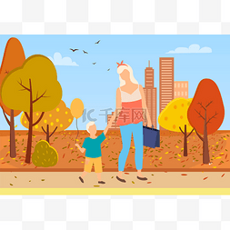 母亲和儿子幼儿步行城市公园秋树