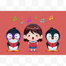 游戏封面图片_可爱企鹅卡通群和唱诗班画中的女