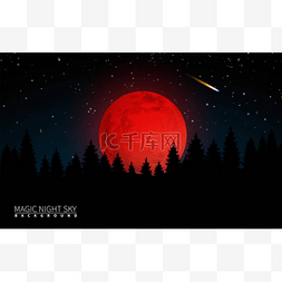 黑森林背景图片_黑森林和大红月亮。矢量插画现代