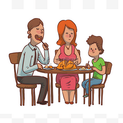 家庭晚餐：父亲、母亲、儿子吃炸