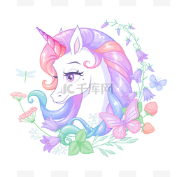 卡片纸蝴蝶图片_Beautiful white unicorn with pink horn surrou