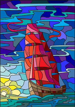 对天空、 大海和夕阳帆船彩绘玻