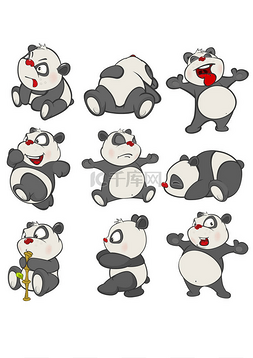 一套卡通插图。可爱的熊猫熊为您