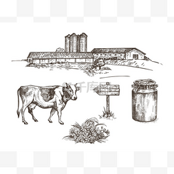 升降机图片_一个有牛棚，谷物升降机，奶牛，