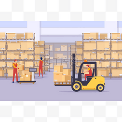 管理仓库图片_装有货物管理箱和员工的仓库的传