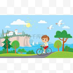 男孩骑自行车。夏天的冥想背景。