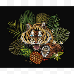 t恤刺绣图片_在丛林中的刺绣老虎, 棕榈树叶子,