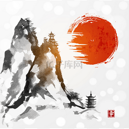 日式传统山图片_montañas y sol rojo山脉和红红的太阳