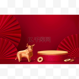 金牛敲门图片_亚洲主题产品展台，配有红墙、金