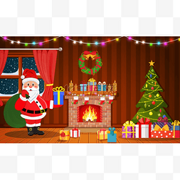 树的插图图片_圣诞老人在圣诞节房间内部