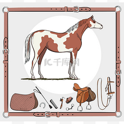 鞭卡通图片_马和骑马钉工具在皮带框架. 