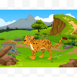 风景漫画背景图片_在风景背景的丛林里的滑稽猎豹漫