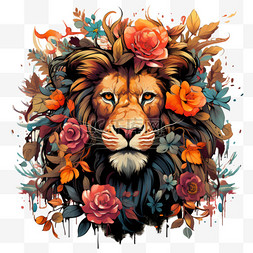 狮子艺术鲜花插画AI元素立体免扣