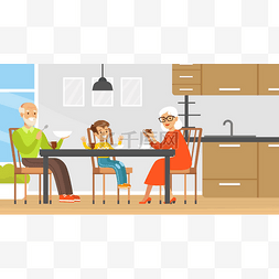 ui桌旁及图片_奶奶、爷爷和孙子一起吃饭、喝茶