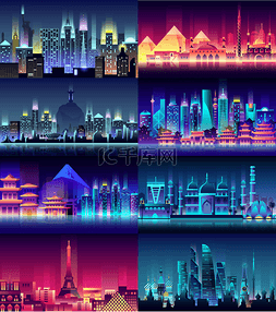 霓虹灯城市背景图片_巴西俄罗斯法国、 日本、 印度、 