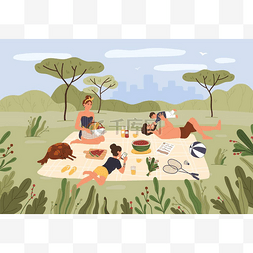时光里的图片_家庭野餐。快乐的父母和孩子们在