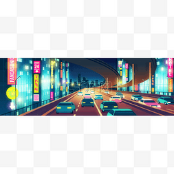 夜间的汽车图片_夜市道路广告卡通病媒概念
