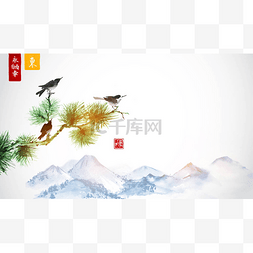 水墨画圆圈图片_树树枝上的鸟, 黑色圆圈。传统东