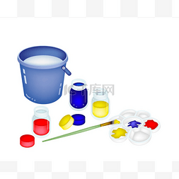 颜色的油漆罐和一桶调色板