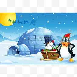 一只企鹅和一个雪人与雪橇附近的