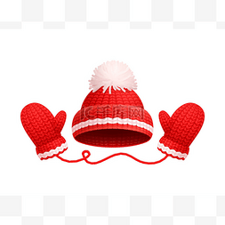 冬季温暖红帽, 白色庞蓬, 针织手