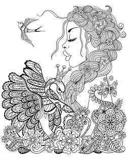 in背景图片_Forest fairy with wreath on head hugging swan