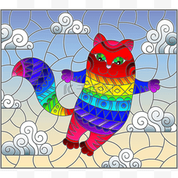 彩色玻璃插图与动画片彩虹猫在天