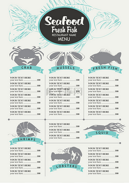 与价目表的一家海鲜餐厅的菜单