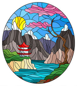 山和湖泊图片_以彩绘的玻璃风格描绘山景，以高