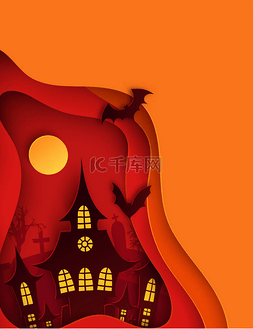 纸艺术万圣节夜背景与闹鬼的房子