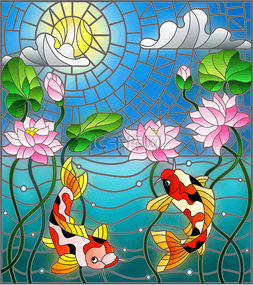 鲤鱼和水图片_在彩色玻璃风格与锦鲤鱼和荷花太