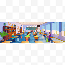 平面课桌图片_可看到黑板上的卡通画教室内部，