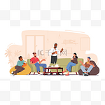 Group of Characters Celebrate Party at Home Sitting at Table in Living Room Eating Cookies, Drink Tea, Friends Leisure