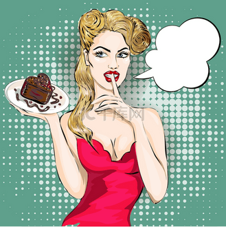 用手指在她的嘴唇和蛋糕上嘘波普艺术女人肖像