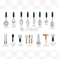 卡通工具叉图片_矢量设置彩色厨房工具。明亮的餐