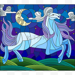 绿色草地上图片_在彩色玻璃风格与神话般蓝色的马