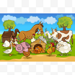 卡通农村现场与农场动物