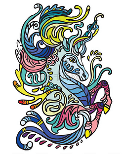 与水背景图片_矢量彩色装饰涂鸦水独角兽。装饰