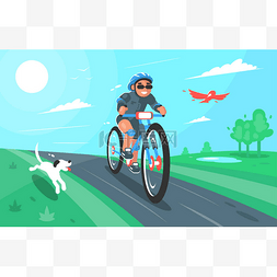 自行车手的向量动画片与狗和鸟。