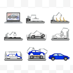 汽车制造ai图片_带工业机器人和设备矢量集的汽车