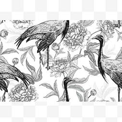 向量鸟图片_花卉无缝模式与鹤和花牡丹。黑色