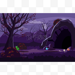游戏应用图片_夜奇幻景观, 山, 洞, 树, 秋天。适
