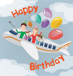 Happy Birthday Card. Family in Plane. Happy F