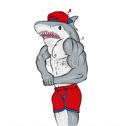 肌肉矢量图片_一个有鲨鱼头的男人。运动员。健