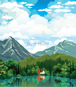 红色屋顶的房子图片_夏天与房子、 森林和湖泊的自然